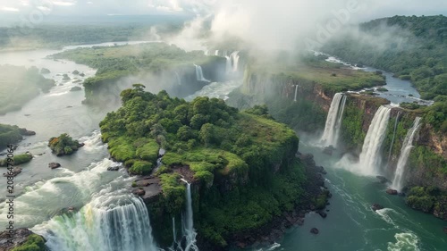 Majestic Iguazu Falls aerial view with lush green islands during golden hour sunlight
