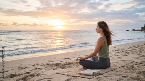 Woman Meditating in Lotus Pose on Seashore at Sunrise