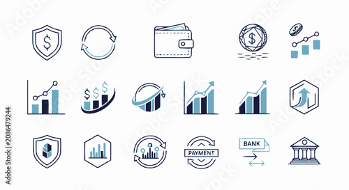 Hand drawn financial and business growth icon set with sketch style elements.