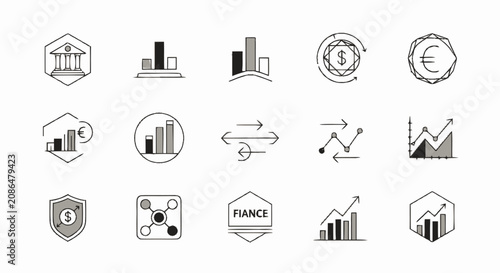Hand drawn financial and business icon set featuring charts graphs coins and bank symbols.