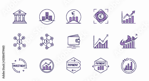 Hand drawn financial and business icon set featuring charts money bank and investment symbols.