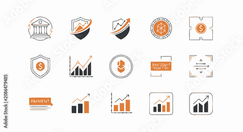 Hand drawn financial and business icon set featuring charts money shields and growth graphs.