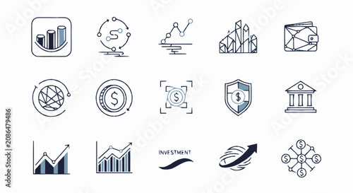 Hand drawn financial and business icon set featuring charts money growth and banking symbols.