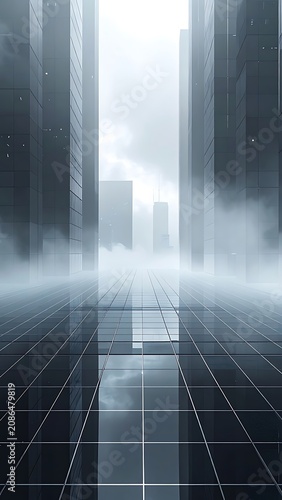 Foggy city street with tall buildings.