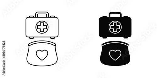 Medical icons set, first aid kit and heart symbol, line art style