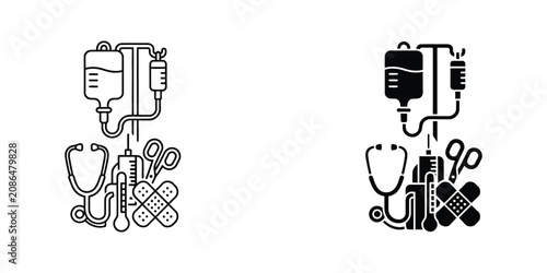 Medical equipment illustration, black and white icons