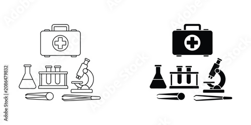 Medical and Laboratory Science Icon Set with Test Tubes, Microscope, and First Aid Symbols in Line Art Style