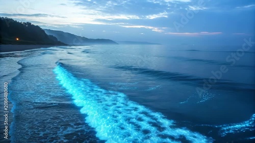 Ocean waves with bioluminescent plankton glowing blue at dusk with aerial drone movement