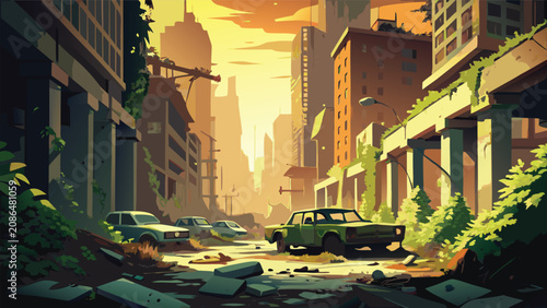 Tableau sur toile Post-apocalyptic abandoned city street scene with apocalypse abandoned dystopian