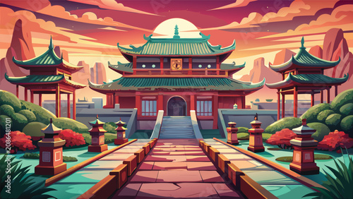 Traditional chinese temple complex with a stone walkway at sunset architecture building cultural heritage stairway oriental landmark landscape peaceful artistic illustration traditional