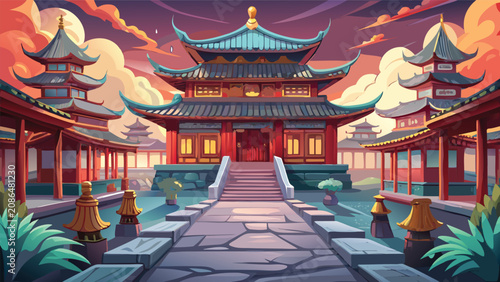Grand oriental palace architecture at sunset with architecture building oriental traditional cultural heritage stairway courtyard landmark landscape peaceful artistic illustration