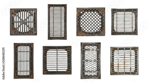 Vintage cast iron floor vents, set of 8 antique metal register grates, rustic architectural hardware collection on white background