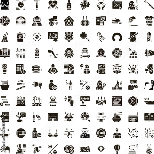 Wide array of black and white silhouette icons representing a multitude of themes and ideas, spanning technology, health, finance, leisure, and everyday objects for universal graphic design