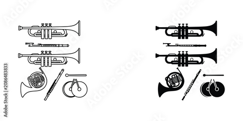 Hand Drawn Musical Instruments Doodle Set in Black and White Line Art Style