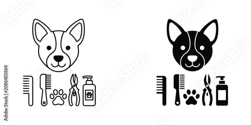 Two Dog Heads Line Art Icons with Paw Prints Vector Illustration Set
