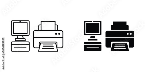 Set of Office Printers and Scanners Line Art Illustration Vector