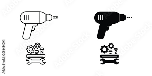 Hand Tools Set Outline Vector Illustration with Drill and Screwdriver in Flat Line Art Style