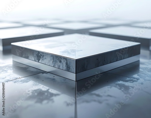 Metallic square plate on reflective surface.