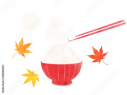 Tableau sur toile もみじと赤いお茶碗に盛られたご飯の水彩イラスト　新米•秋の味覚•和食
