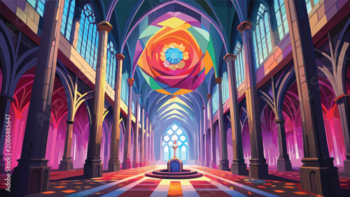 Tableau sur toile Cathedral nave with multicolored light rays and geometric ceiling art cathedral