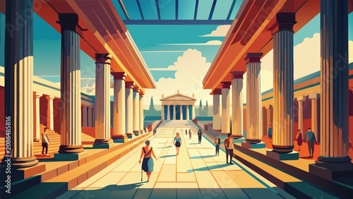 Bild auf Leinwand People walking through ancient roman forum columns with colonnade architecture c