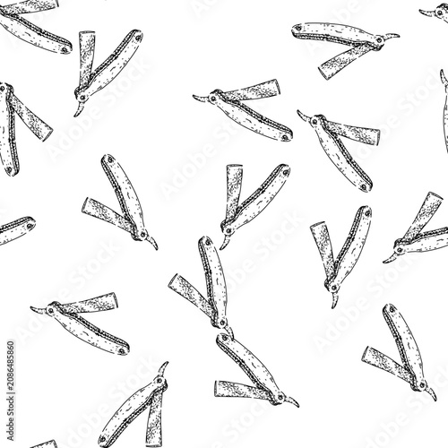 Fényképezés seamless pattern sharp barber straight razor hand drawn