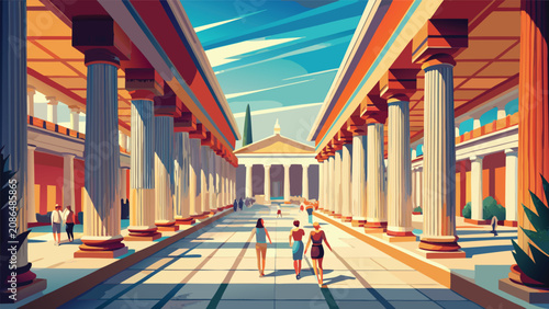 Obraz na plátně Tourists walking through classical temple colonnades with colonnade architecture