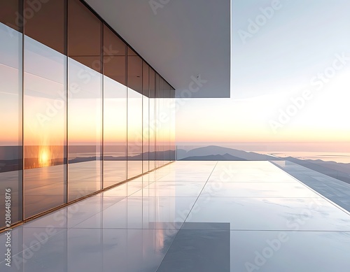 Modern building exterior with sunset reflection.
