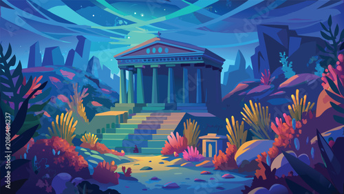 Bild auf Leinwand Mystical ancient temple ruins in deep sea setting with underwater architecture c
