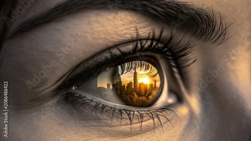 Woman's Eye Reflecting Golden Cityscape during Golden Hour with Subtle Makeup Application
