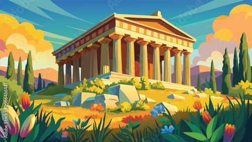 Schilderij op canvas Ancient greek temple surrounded by spring flowers and greenery with architecture