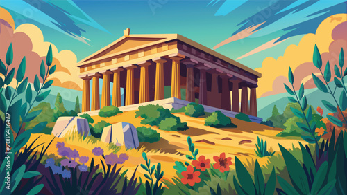 Quadro em tela Classical greek temple landmark in lush meadow with colorful flowers architectur