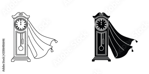 Obraz na płótnie Vector illustration of grandfather clock with draped curtain
