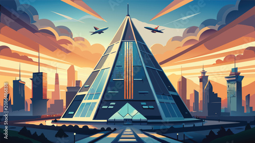 Bild auf Leinwand Modern glass pyramid tower at sunset with aircraft flying in the sky over a deve