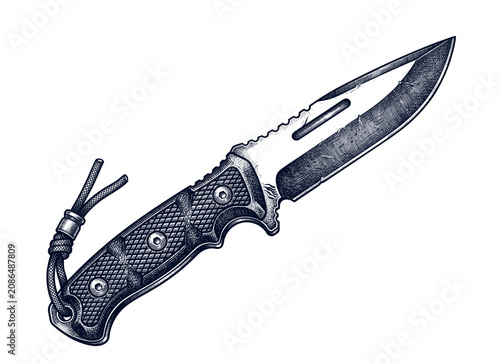 Obraz na płótnie Folding pocket knife with textured handle and sharp blade, hand drawn engraving