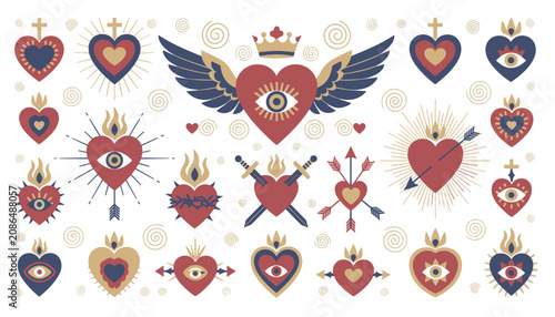 Canvas Print Detailed collection of traditional sacred heart designs with wings, daggers, thorns, crowns, and eyes on white background