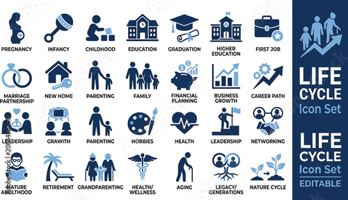 Life cycle icons represent human development stages and social milestones through a comprehensive blue and white graphic design set.