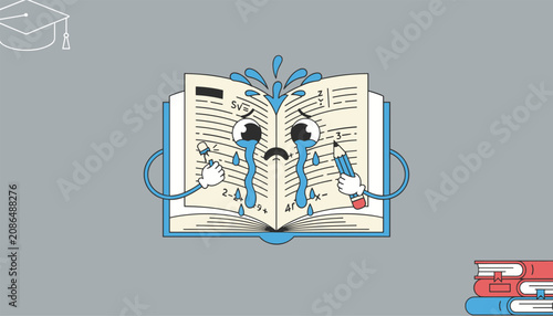Принти на полотні Crying open notebook cartoon character holding a pencil and erasing its pages with a grey background and graduates cap