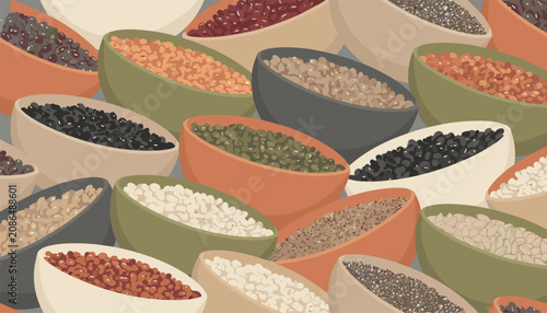 Obraz na plátně Dense seamless pattern showing numerous colorful ceramic bowls filled with various dried beans, lentils, and grains