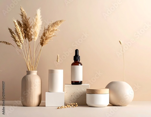 Natural skincare products with wheat decoration.