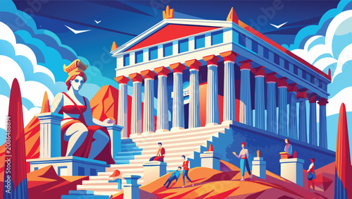 Tableau sur toile Majestic ancient greek temple architecture with seated goddess statue architectu