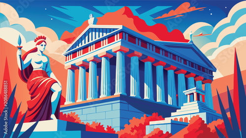 Tableau sur toile Ancient greek temple illustration with statue of athena against dramatic sky arc