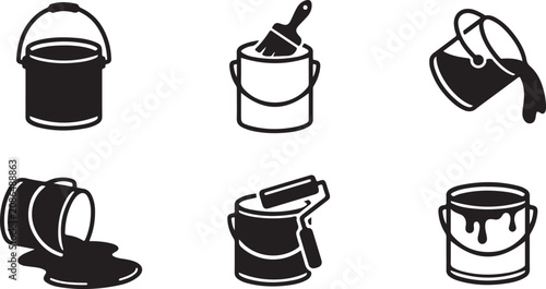 Six black paint bucket icons with tools in various states Vector