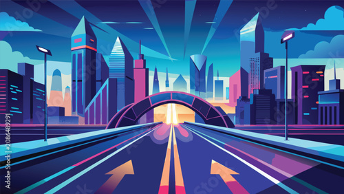 Neon night cityscape with arched roadway bridge futuristic architecture metropolis perspective infrastructure technology background buildings downtown landscape business district colorful