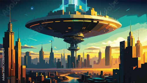 Foto Futuristic city with a massive hovering spacecraft at dusk sci fi spaceship futu