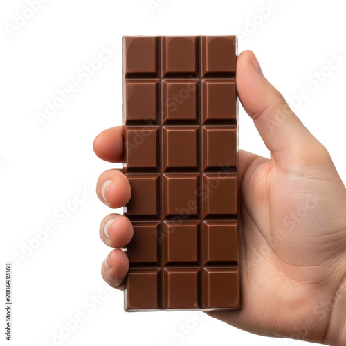 A human hand holding a rectangular bar of smooth milk chocolate isolated