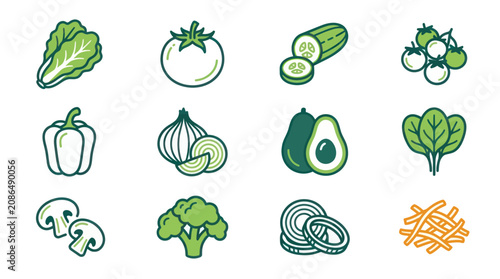 Tableau sur toile Variety of fresh green vegetables icons.