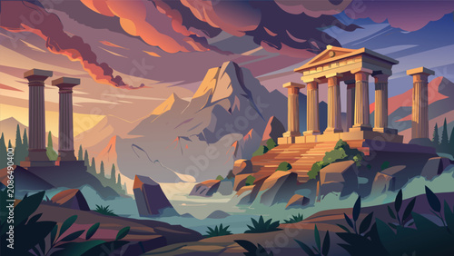 Photography Ancient temple ruins on mountain landscape at dramatic sunset with mountains lan