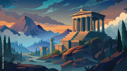 Photos Majestic ancient temple architecture in mountainous valley setting with architec
