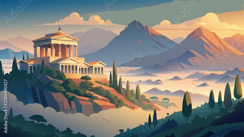 Canvastavla Ancient greek temple perched on a hilltop above clouds at sunset with architectu